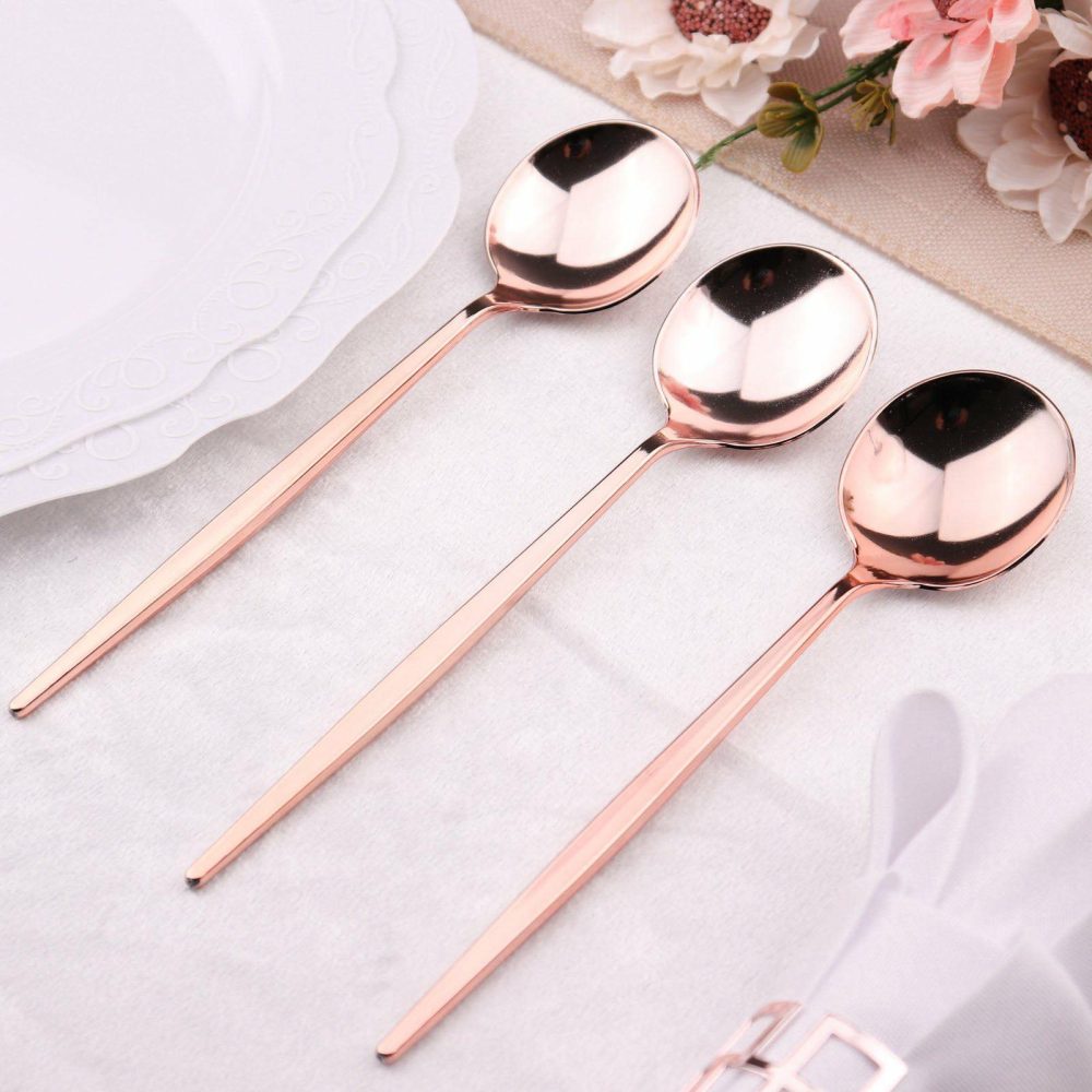 24 Pack Glossy Rose Gold Heavy Duty Plastic Silverware Spoons, Premium Disposable Flatware Cutlery 8″  |   Cutlery Cutlery Cutlery