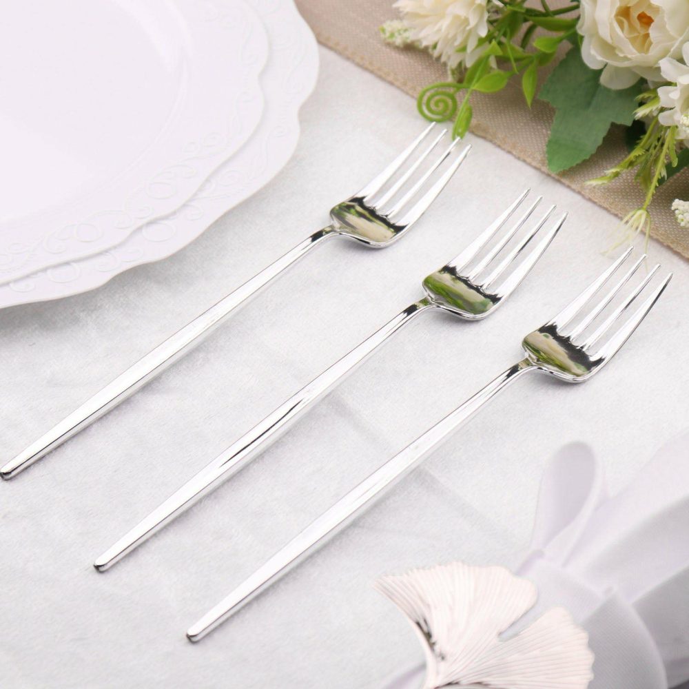 24 Pack Glossy Silver Heavy Duty Plastic Silverware Forks, Shiny Cutlery, Premium Disposable Flatware 8″  |   Cutlery Cutlery Cutlery