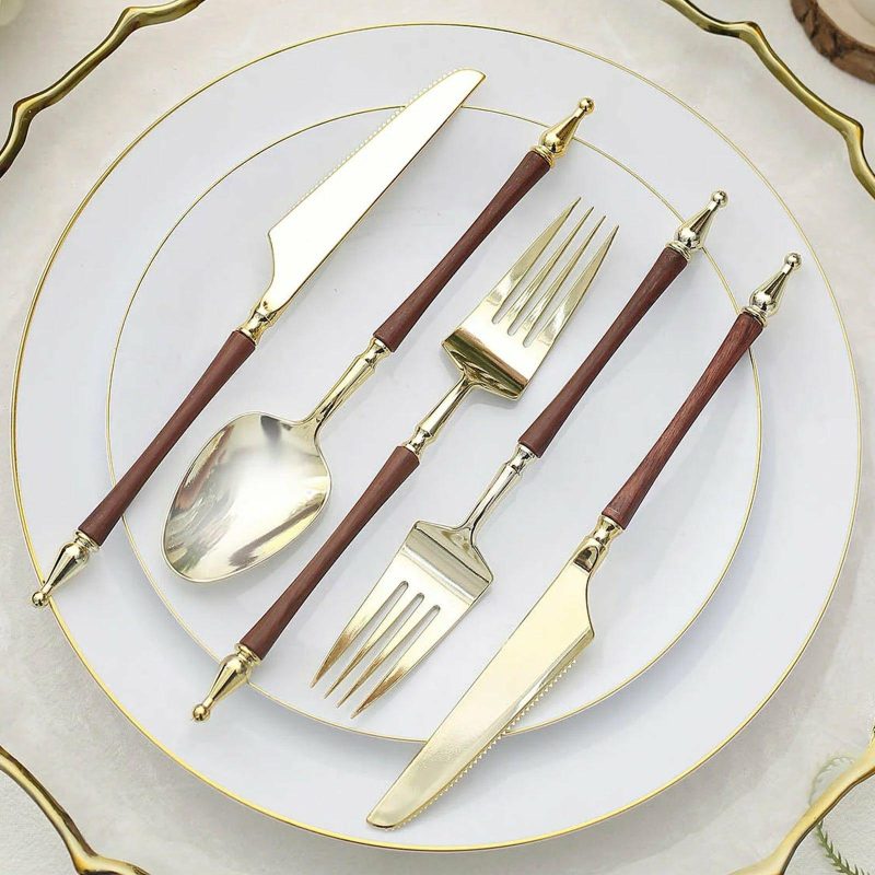 24 Pack Gold / Brown European Plastic Utensil Set with Roman Column Handle, Disposable Fork, Spoon and Knife Silverware  |   Cutlery Cutlery Cutlery