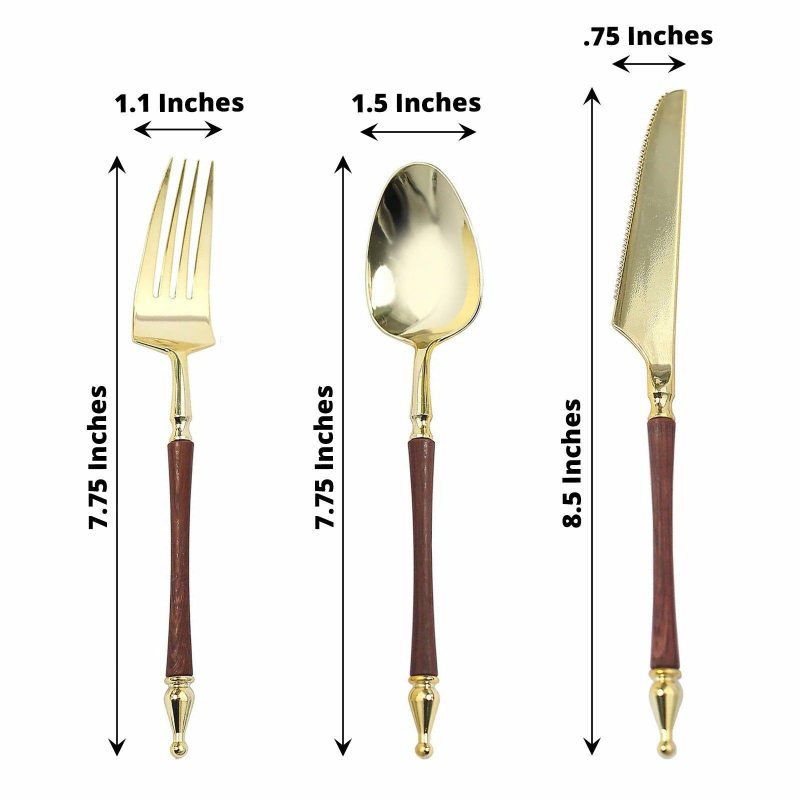 24 Pack Gold / Brown European Plastic Utensil Set with Roman Column Handle, Disposable Fork, Spoon and Knife Silverware  |   Cutlery Cutlery Cutlery