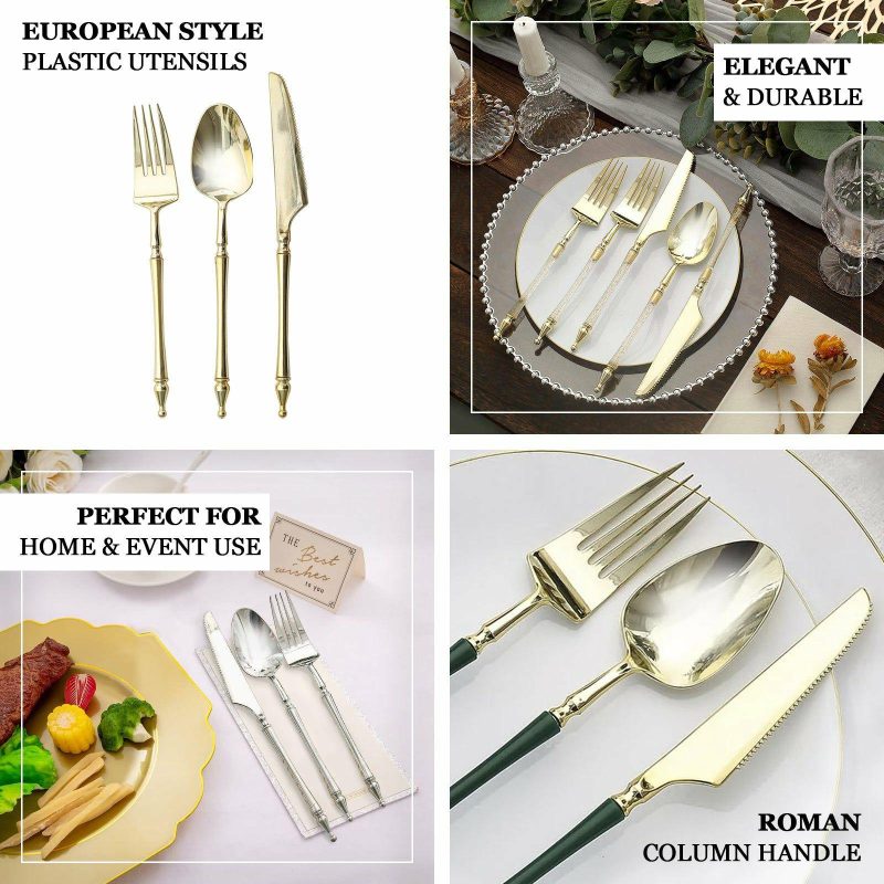 24 Pack Gold / Brown European Plastic Utensil Set with Roman Column Handle, Disposable Fork, Spoon and Knife Silverware  |   Cutlery Cutlery Cutlery