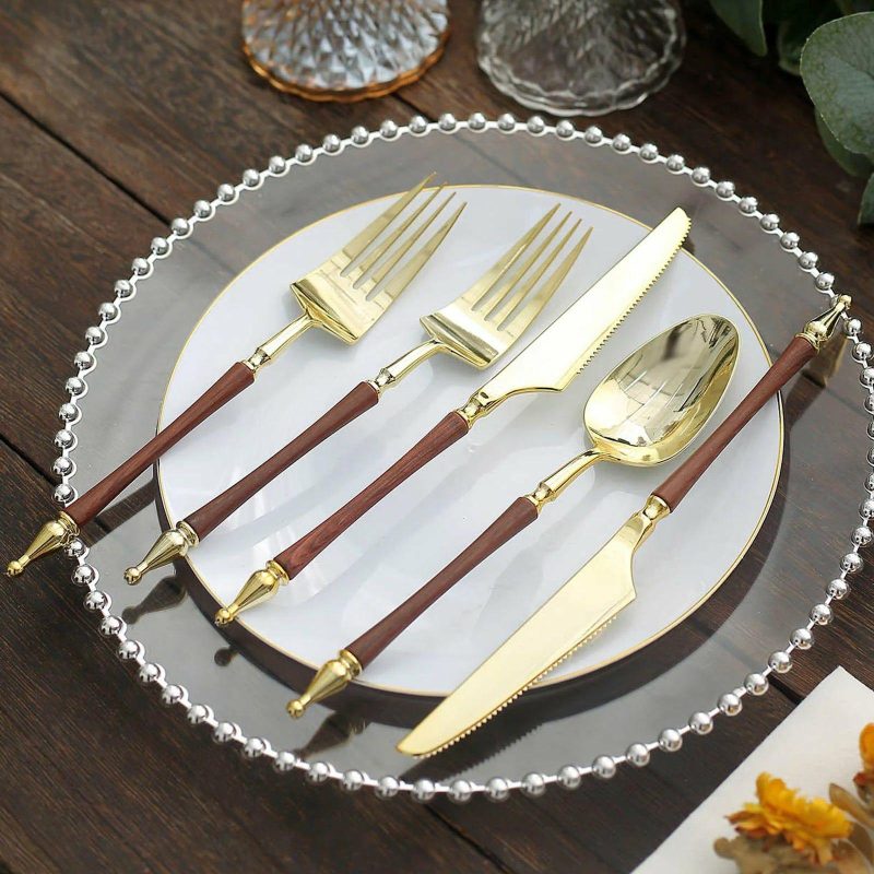 24 Pack Gold / Brown European Plastic Utensil Set with Roman Column Handle, Disposable Fork, Spoon and Knife Silverware  |   Cutlery Cutlery Cutlery