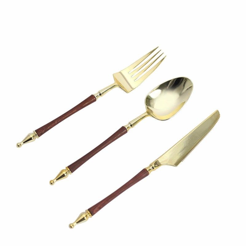 24 Pack Gold / Brown European Plastic Utensil Set with Roman Column Handle, Disposable Fork, Spoon and Knife Silverware  |   Cutlery Cutlery Cutlery