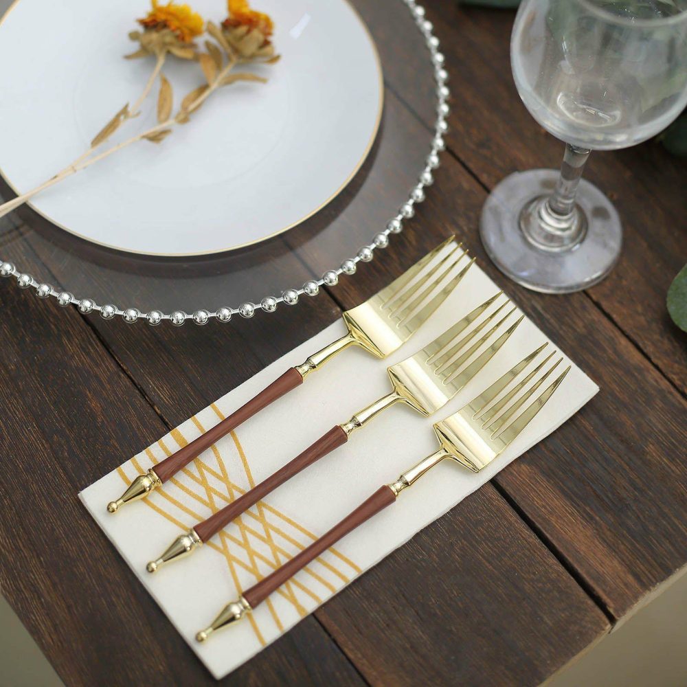 24 Pack Gold / Brown Plastic Forks With Roman Column Handle, European Style Disposable Utensil 8″  |   Cutlery Cutlery Cutlery