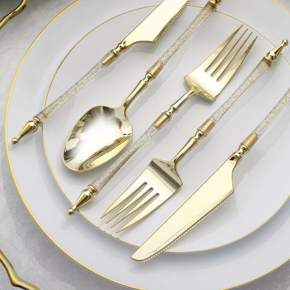 24 Pack Gold / Clear Glittered European Plastic Utensil Set with Roman Column Handle, Disposable Fork, Spoon and Knife Silverware  |   Cutlery Cutlery Cutlery