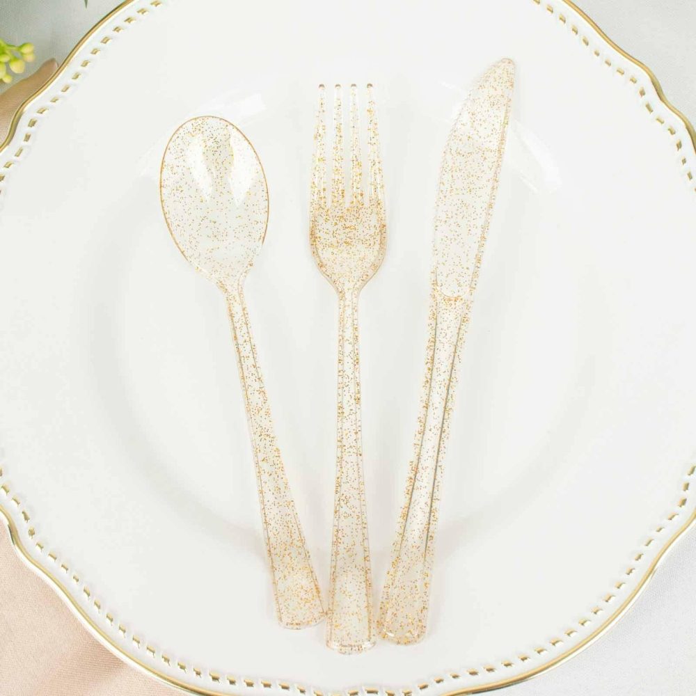 24 Pack Gold Glitter Heavy Duty Plastic Silverware Set  |   Cutlery Cutlery Clear/Gold