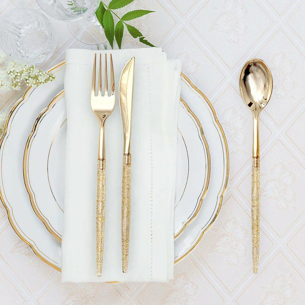 24 Pack Gold Glittered Disposable Cutlery Set, Plastic Silverware 8″  |   Cutlery Cutlery Cutlery