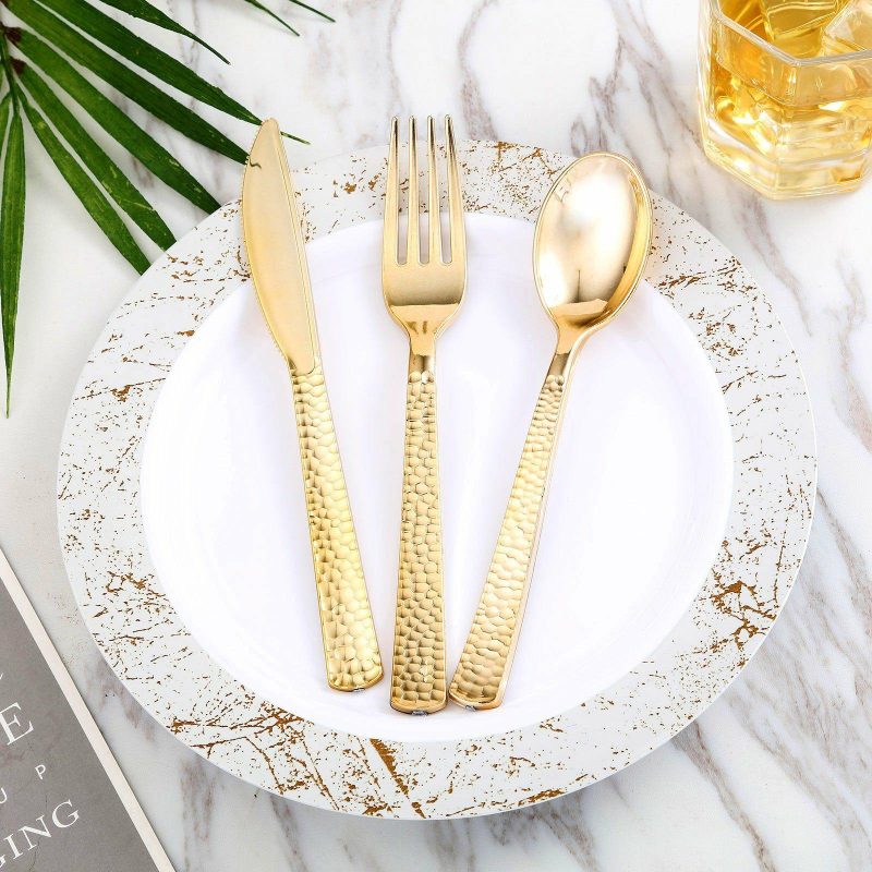 24 Pack Gold Hammered Style Heavy Duty Plastic Forks, Plastic Silverware 7″  |   Cutlery Cutlery Cutlery