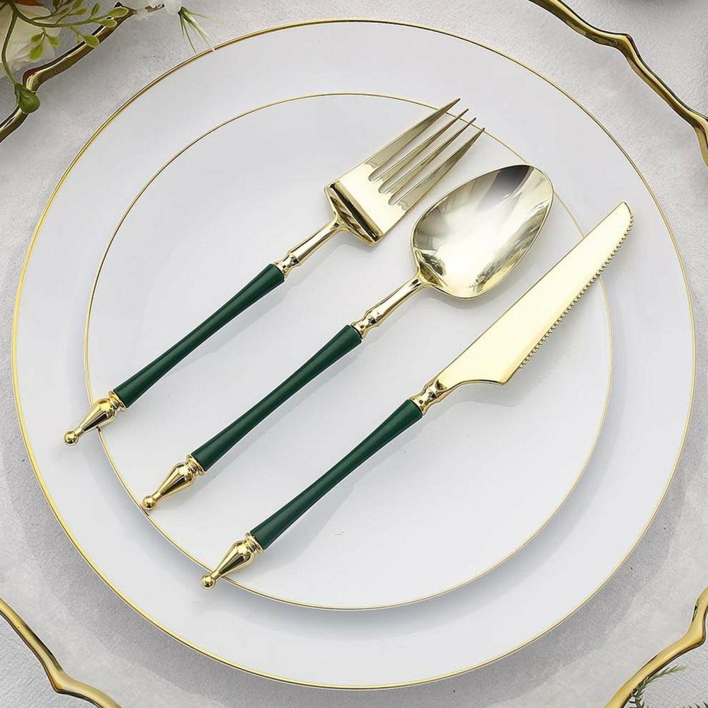 24 Pack Gold / Hunter Emerald Green European Plastic Utensil Set with Roman Column Handle, Disposable Fork, Spoon and Knife Silverware  |   Cutlery Cutlery Cutlery