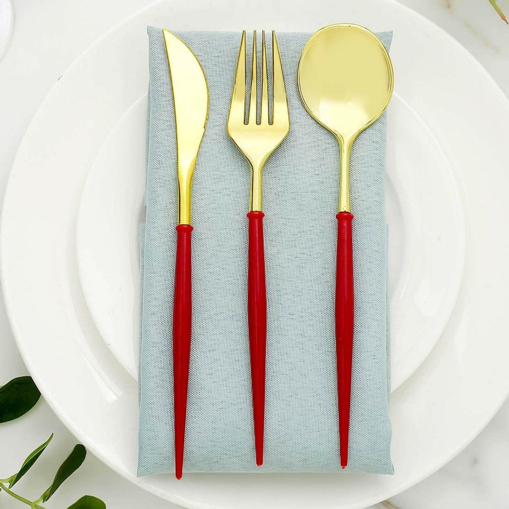 24 Pack Gold Modern Flatware Set, Heavy Duty Plastic Silverware With Red Handles 8″  |   Cutlery Cutlery Cutlery