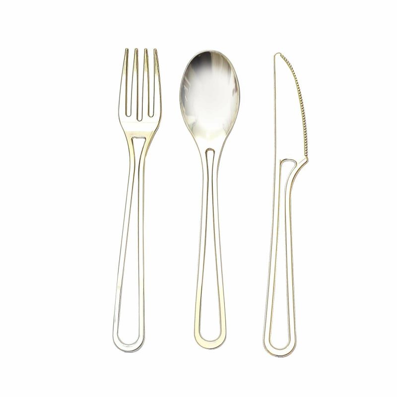 24 Pack Gold Modern Hollow Handle Design Plastic Utensil Set, Disposable Forks, Spoons, and Knives Silverware 7″  |   Cutlery Cutlery Cutlery