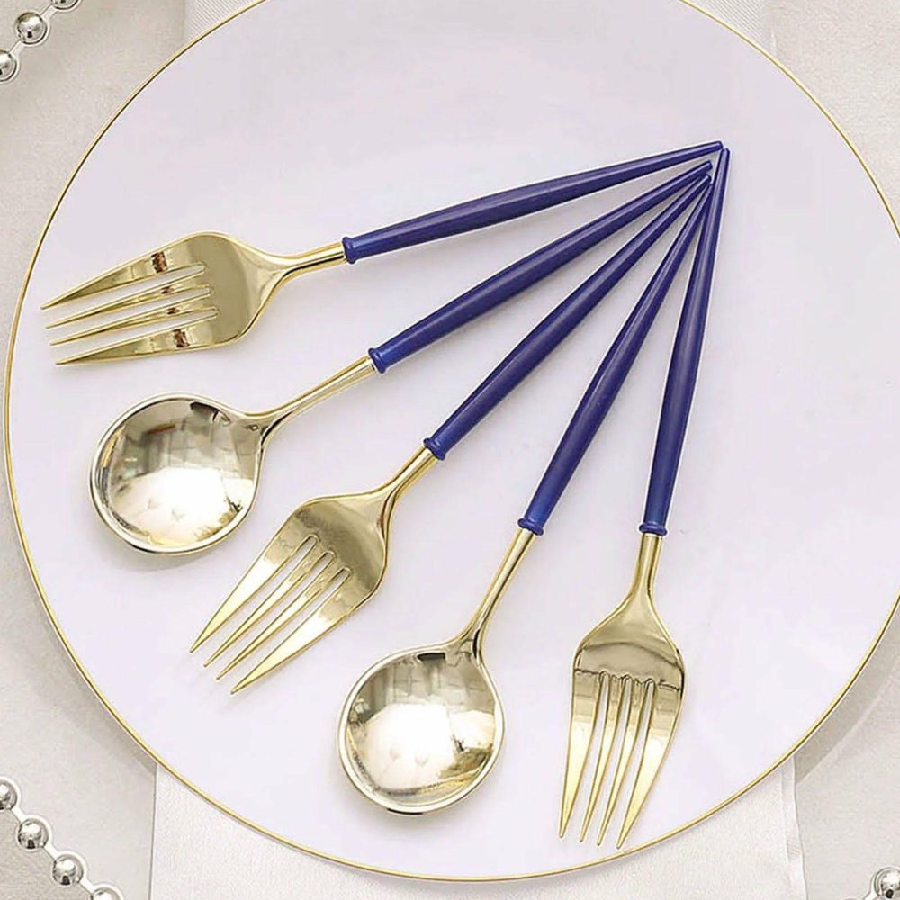 24 Pack Gold / Royal Blue Premium Plastic Fork / Spoon Utensil Set, Modern Heavy Duty Disposable Silverware 6″  |   Cutlery Cutlery Cutlery