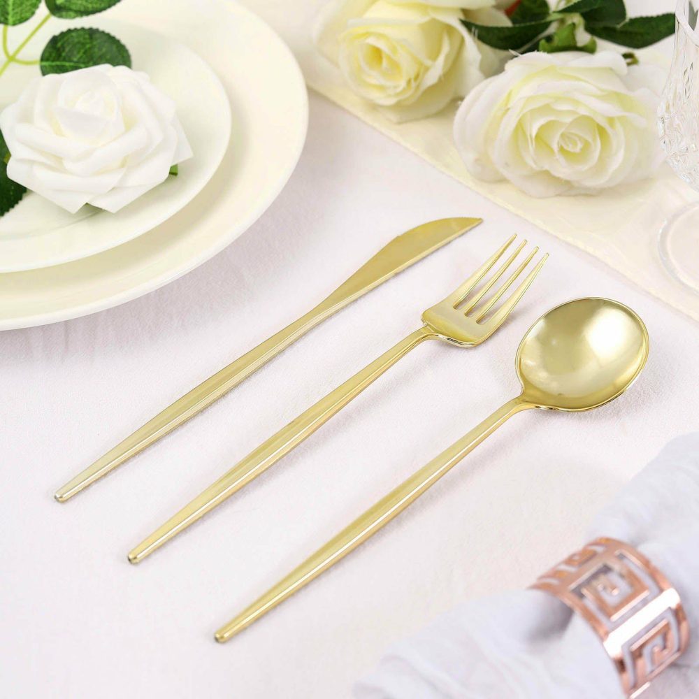 24 Pack Gold Sleek Modern Plastic Silverware Set, Premium Disposable Knife, Spoon & Fork Set 8″  |   Cutlery Cutlery Cutlery