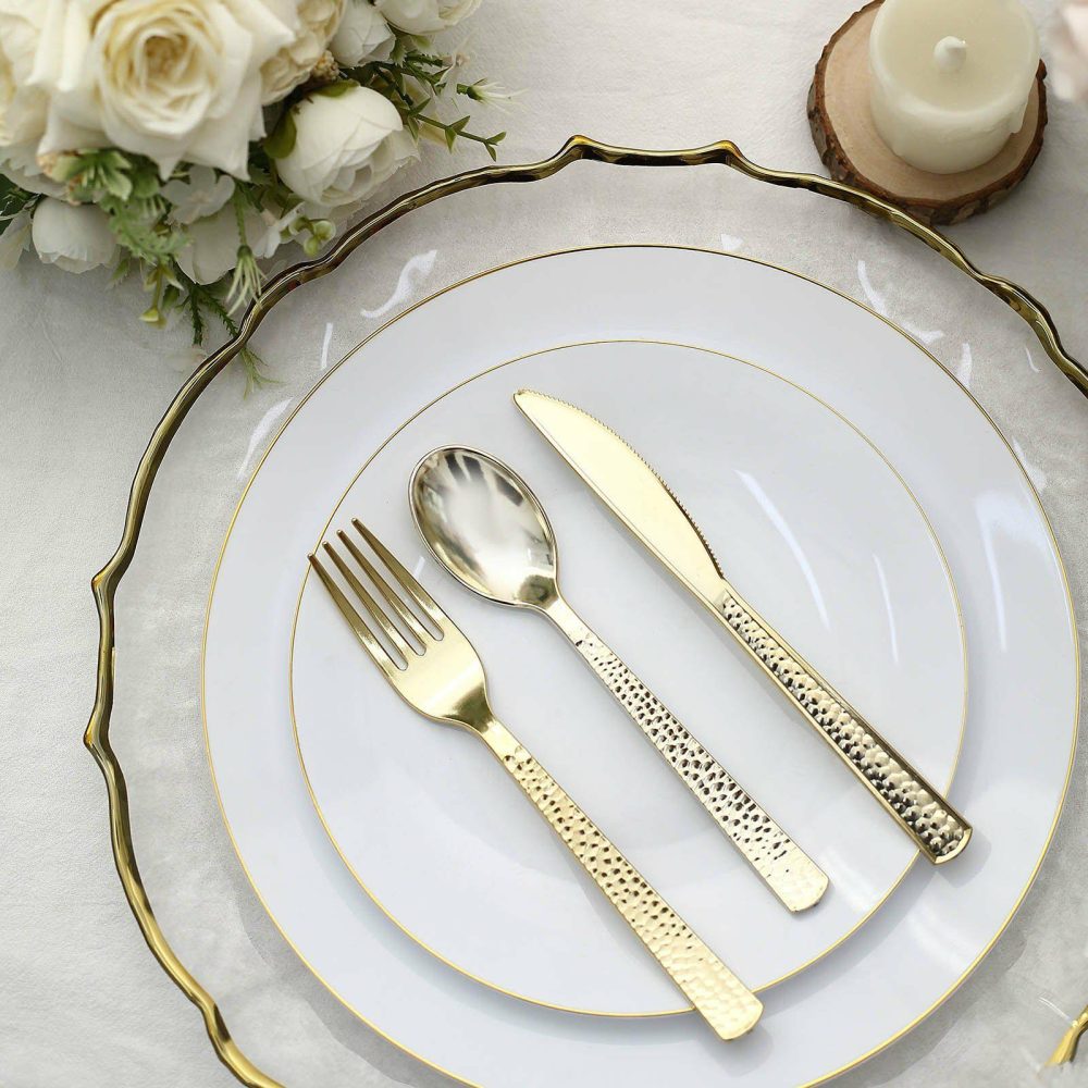 24 Pack Hammered Design Gold Heavy Duty Plastic Silverware Set 7″  |   Cutlery Cutlery Cutlery