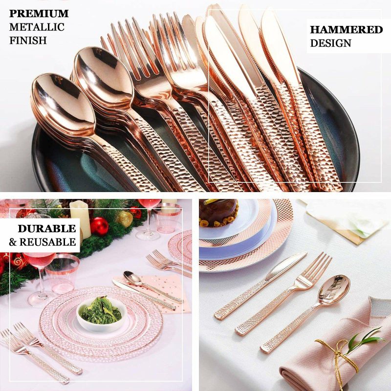 24 Pack Hammered Design Rose Gold Heavy Duty Plastic Silverware Set 7″  |   Cutlery Cutlery Cutlery