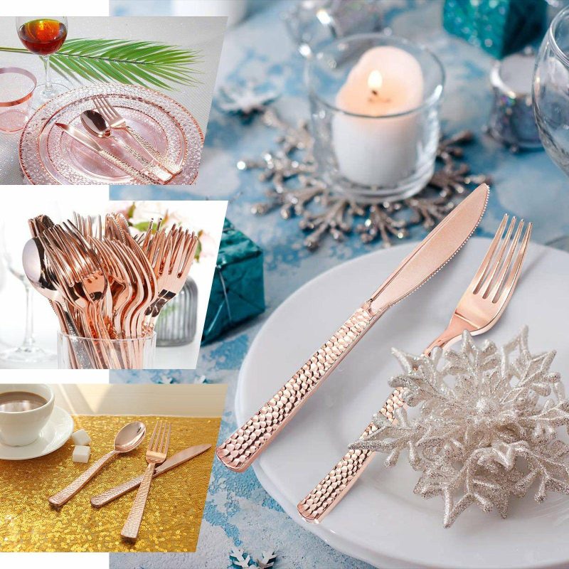 24 Pack Hammered Design Rose Gold Heavy Duty Plastic Silverware Set 7″  |   Cutlery Cutlery Cutlery