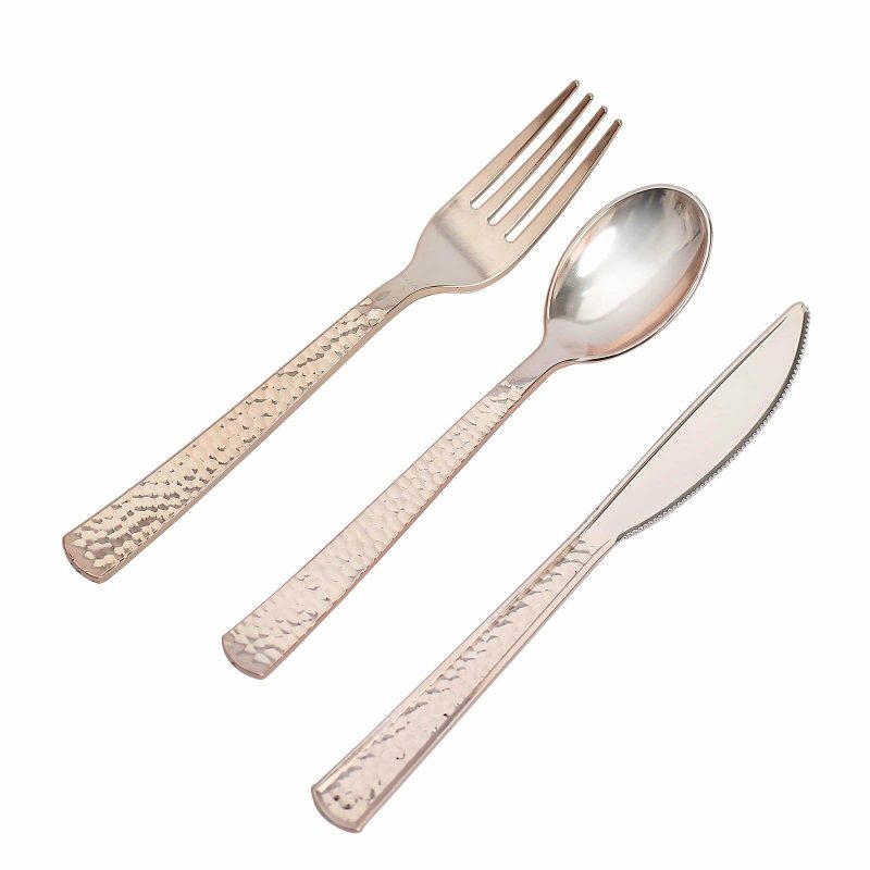 24 Pack Hammered Design Rose Gold Heavy Duty Plastic Silverware Set 7″  |   Cutlery Cutlery Cutlery