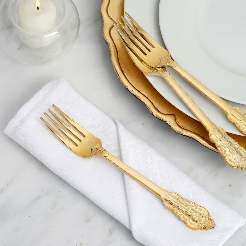 24 Pack Metallic Gold Baroque Style Heavy Duty Plastic Forks 8″  |   Cutlery Cutlery Cutlery