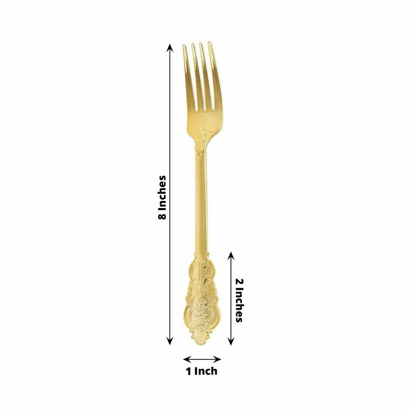 24 Pack Metallic Gold Baroque Style Heavy Duty Plastic Forks 8″  |   Cutlery Cutlery Cutlery