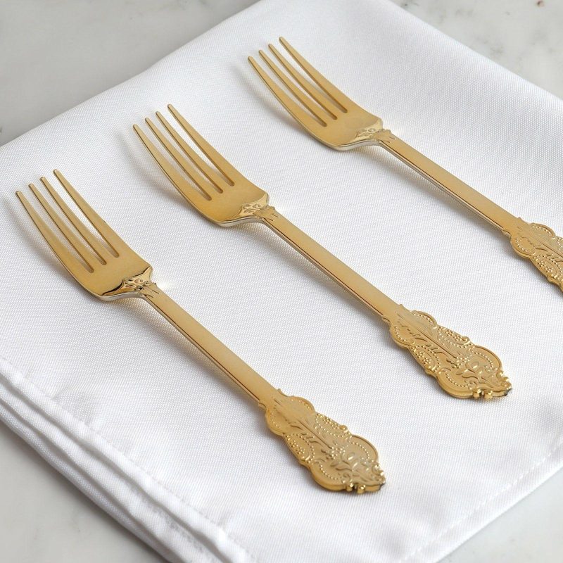 24 Pack Metallic Gold Baroque Style Heavy Duty Plastic Forks 8″  |   Cutlery Cutlery Cutlery