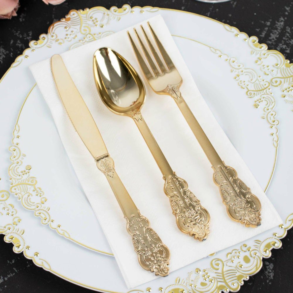 24 Pack Metallic Gold Baroque Style Heavy Duty Plastic Silverware Set  |   Cutlery Cutlery Cutlery