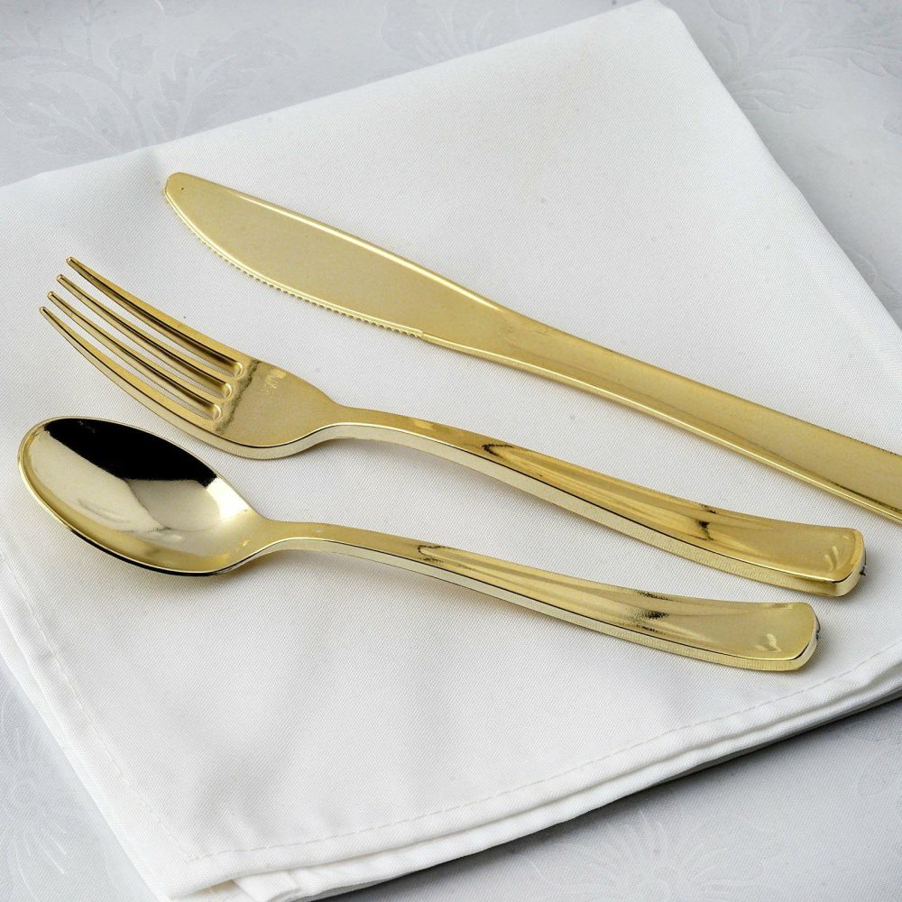 24 Pack Metallic Gold Classic Heavy Duty Plastic Utensil Set, Disposable Silverware 7″,8″  |   Cutlery Cutlery Cutlery