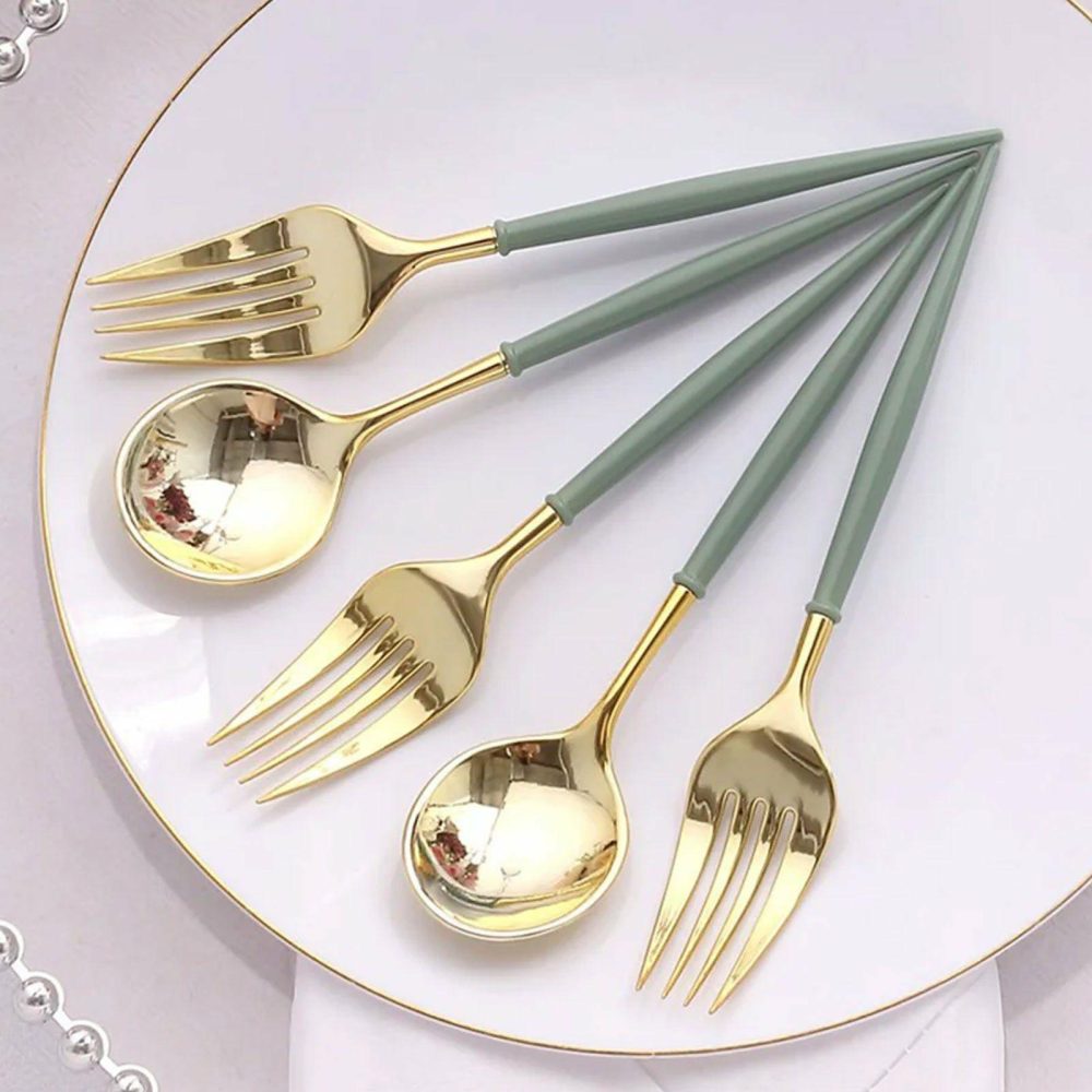 24 Pack Metallic Gold Dusty Sage Green Premium Plastic Fork Spoon Utensil Set, Modern Heavy Duty Disposable Silverware – 6″  |   Cutlery Cutlery Cutlery