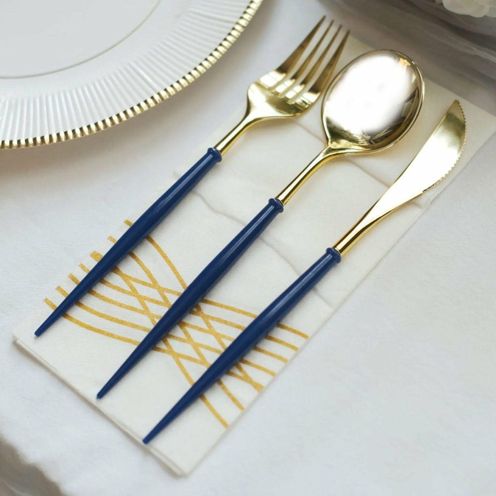 24 Pack Metallic Gold Modern Silverware Set, Premium Plastic Cutlery Set With Royal Blue Handle 8″  |   Cutlery Cutlery Cutlery