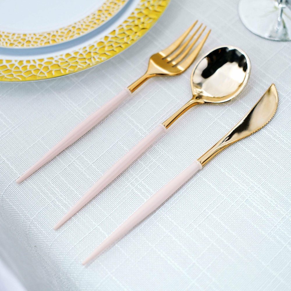 24 Pack Metallic Gold Modern Silverware Set With Blush Handle, Premium Plastic Cutlery Set 8″  |   Cutlery Cutlery Blush/Gold