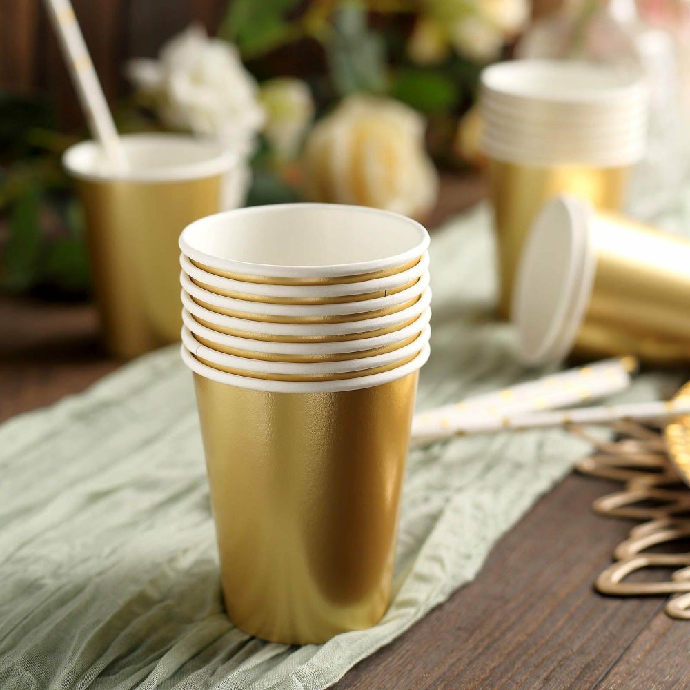 24 Pack Metallic Gold Paper Cups, Disposable Party Cup Tableware All Purpose 9oz  |   Paper Cups Disposable Cups Gold