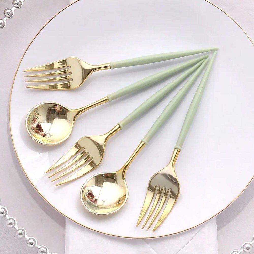 24 Pack Metallic Gold Sage Green Premium Plastic Fork Spoon Utensil Set, Modern Heavy Duty Disposable Silverware – 6″  |   Cutlery Cutlery Cutlery