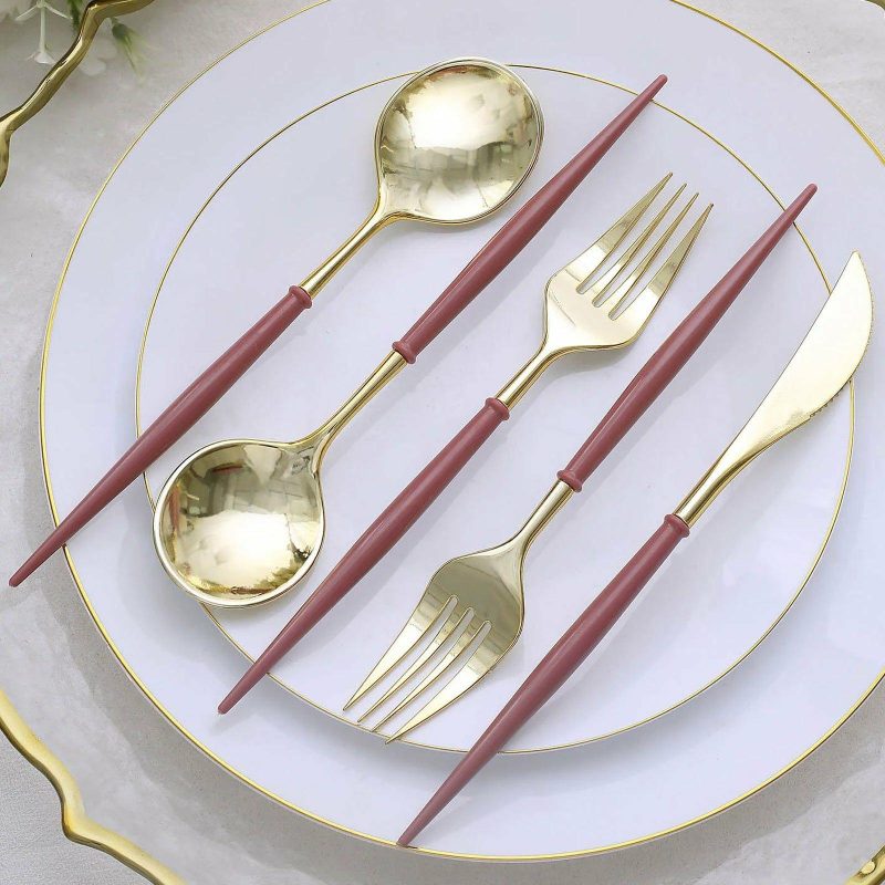 24 Pack Metallic Gold With Cinnamon Rose Plastic Utensil Set, Modern Premium Disposable Silverware Set 8″  |   Cutlery Cutlery Cutlery