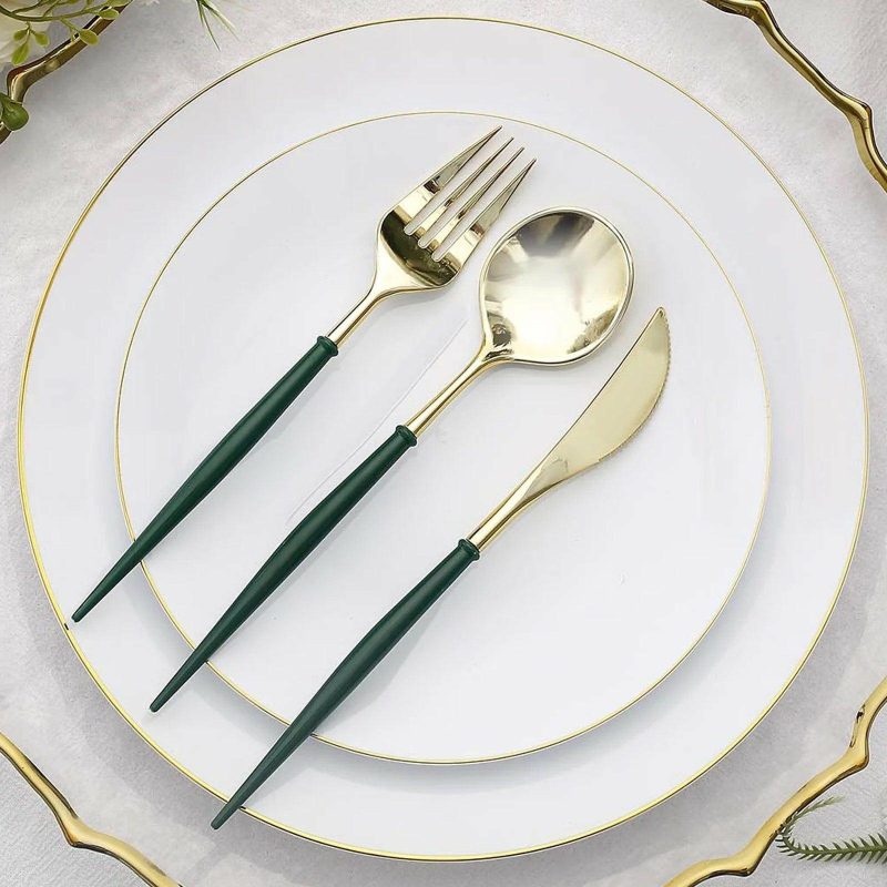 24 Pack Metallic Gold With Hunter Emerald Green Utensil Set, Modern Premium Plastic Silverware Set 8″  |   Cutlery Cutlery Cutlery