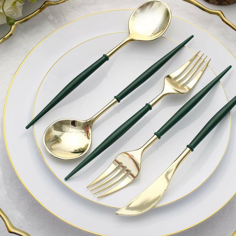 24 Pack Metallic Gold With Hunter Emerald Green Utensil Set, Modern Premium Plastic Silverware Set 8″  |   Cutlery Cutlery Cutlery