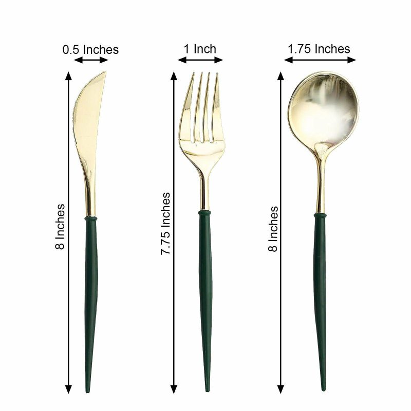 24 Pack Metallic Gold With Hunter Emerald Green Utensil Set, Modern Premium Plastic Silverware Set 8″  |   Cutlery Cutlery Cutlery