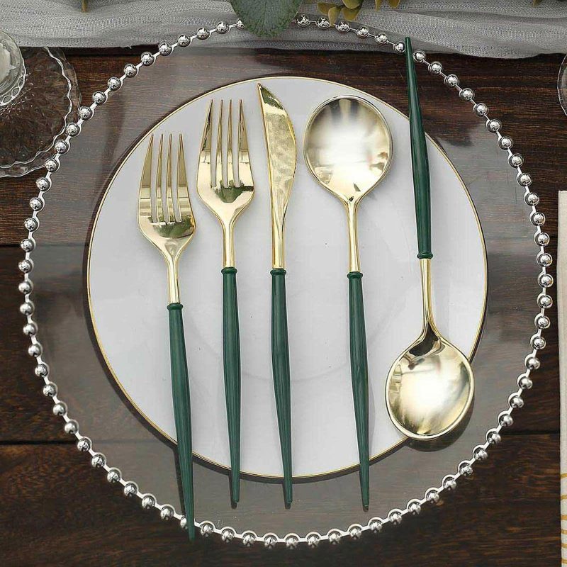 24 Pack Metallic Gold With Hunter Emerald Green Utensil Set, Modern Premium Plastic Silverware Set 8″  |   Cutlery Cutlery Cutlery