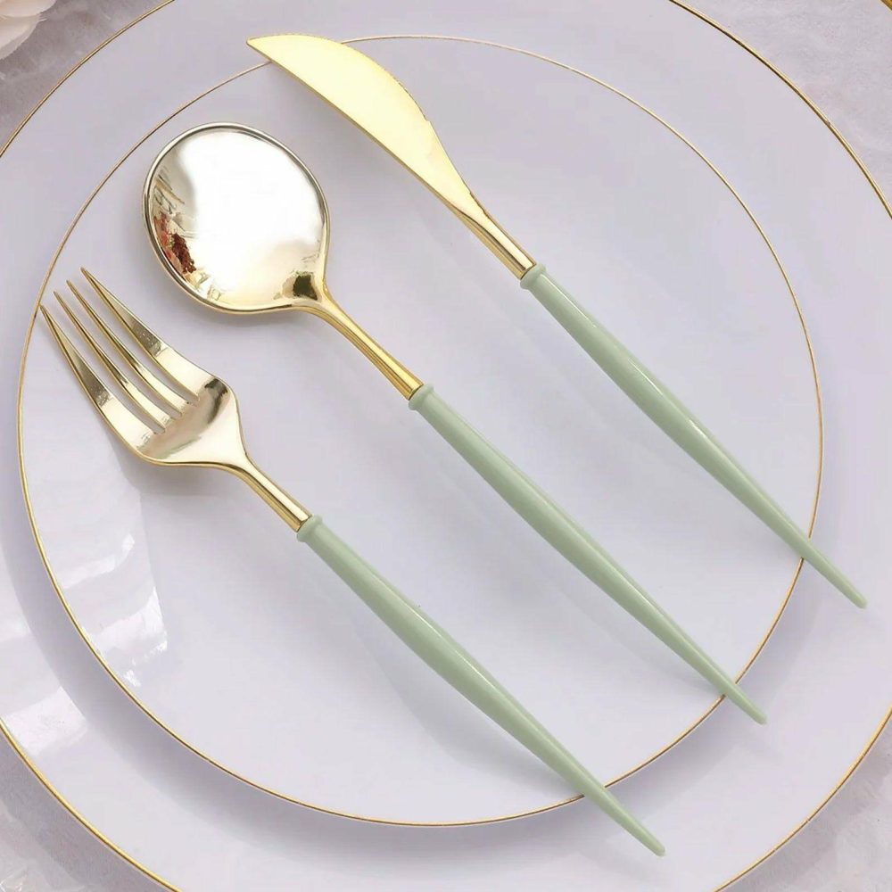 24 Pack Metallic Gold With Sage Green Utensil Set, Modern Premium Plastic Silverware Set – 8″  |   Cutlery Cutlery Cutlery