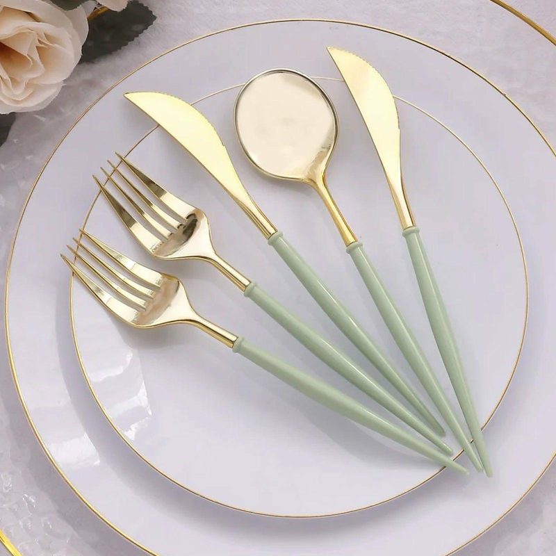 24 Pack Metallic Gold With Sage Green Utensil Set, Modern Premium Plastic Silverware Set – 8″  |   Cutlery Cutlery Cutlery