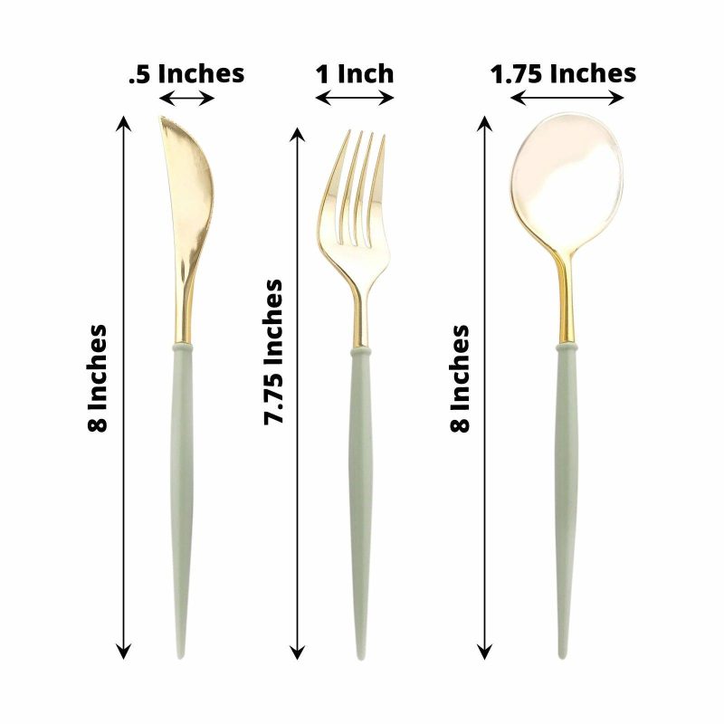 24 Pack Metallic Gold With Sage Green Utensil Set, Modern Premium Plastic Silverware Set – 8″  |   Cutlery Cutlery Cutlery