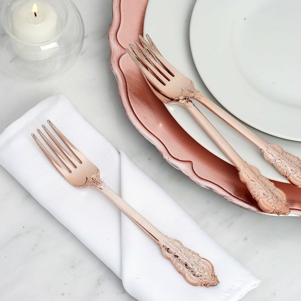 24 Pack Metallic Rose Gold Baroque Style Heavy Duty Plastic Forks 8″  |   Cutlery Cutlery Cutlery