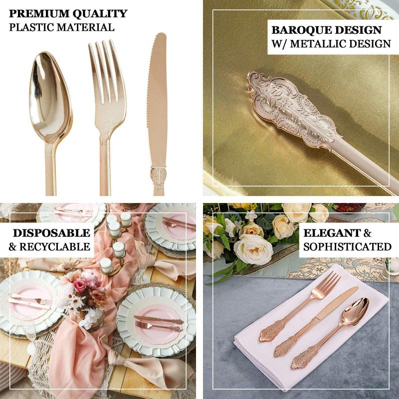 24 Pack Metallic Rose Gold Baroque Style Heavy Duty Plastic Forks 8″  |   Cutlery Cutlery Cutlery