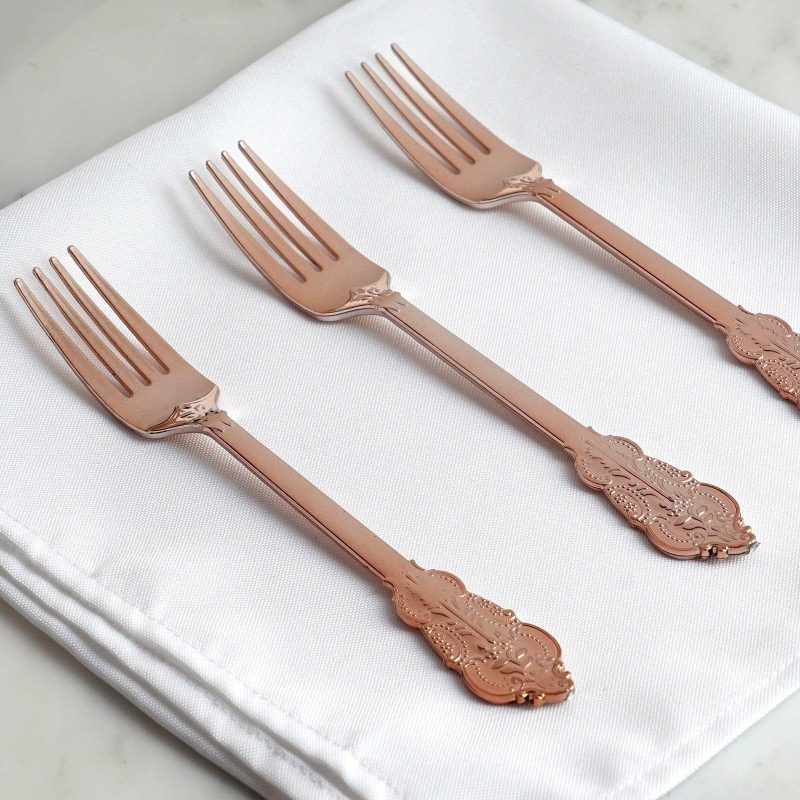 24 Pack Metallic Rose Gold Baroque Style Heavy Duty Plastic Forks 8″  |   Cutlery Cutlery Cutlery