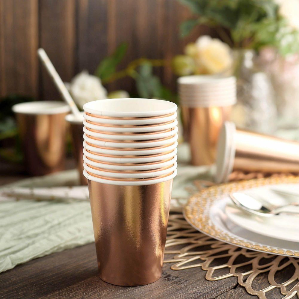 24 Pack Metallic Rose Gold Paper Cups, Disposable Cup Tableware All Purpose 9oz  |   Paper Cups Disposable Cups Paper Cups