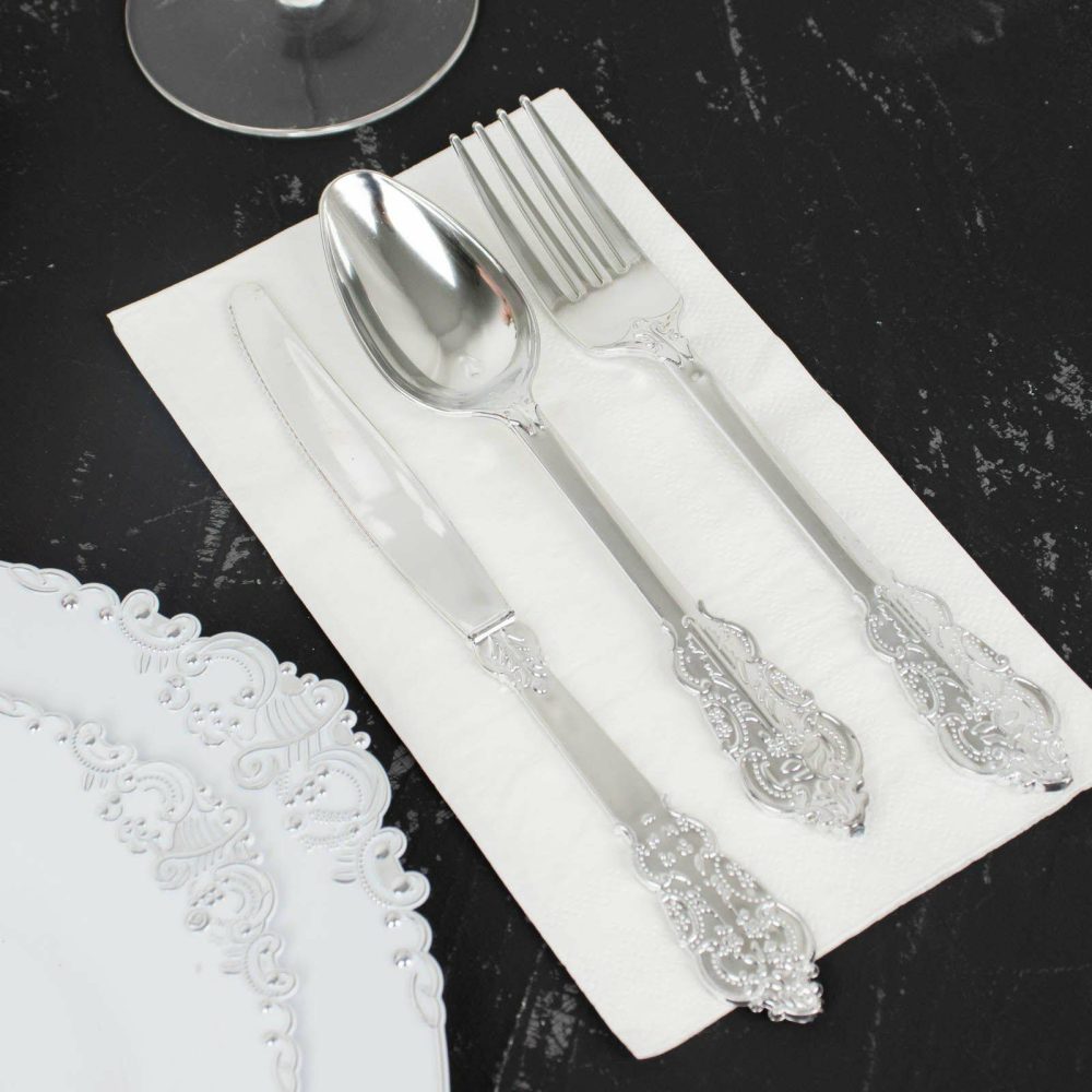 24 Pack Metallic Silver Baroque Style Heavy Duty Plastic Silverware Set  |   Cutlery Cutlery Cutlery