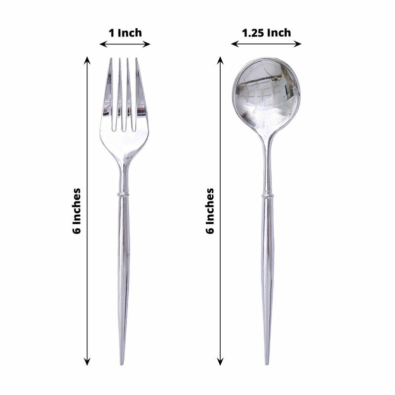 24 Pack Metallic Silver Premium Plastic Fork / Spoon Utensil Set, Modern Heavy Duty Disposable Silverware 6″  |   Cutlery Cutlery Cutlery