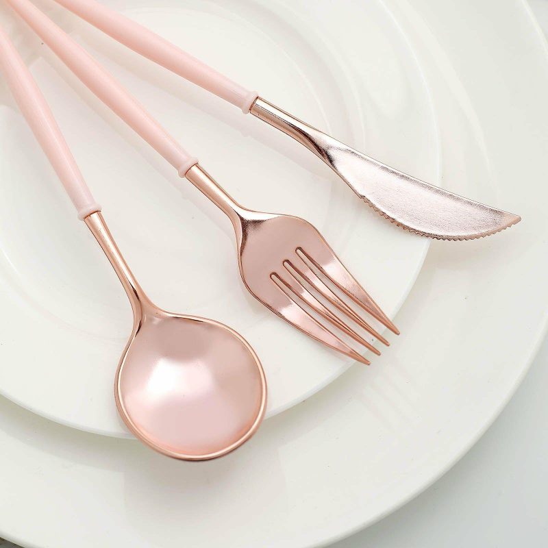 24 Pack Modern Flatware Set, Heavy Duty Plastic Silverware With Blush Handles 8″  |   Cutlery Cutlery Blush/Rose gold