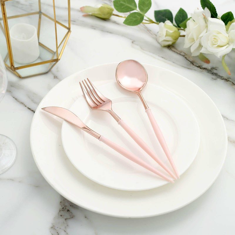 24 Pack Modern Flatware Set, Heavy Duty Plastic Silverware With Blush Handles 8″  |   Cutlery Cutlery Blush/Rose gold