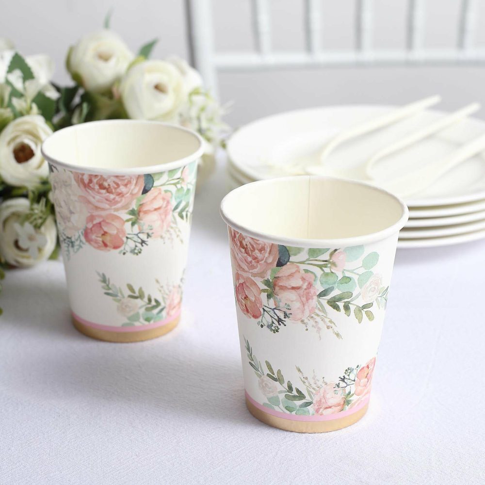 24 Pack Peony Flower Gold Foil Elegant Wedding Shower Paper Cups, Disposable Party Cups 9oz  |   Paper Cups Disposable Cups Paper Cups