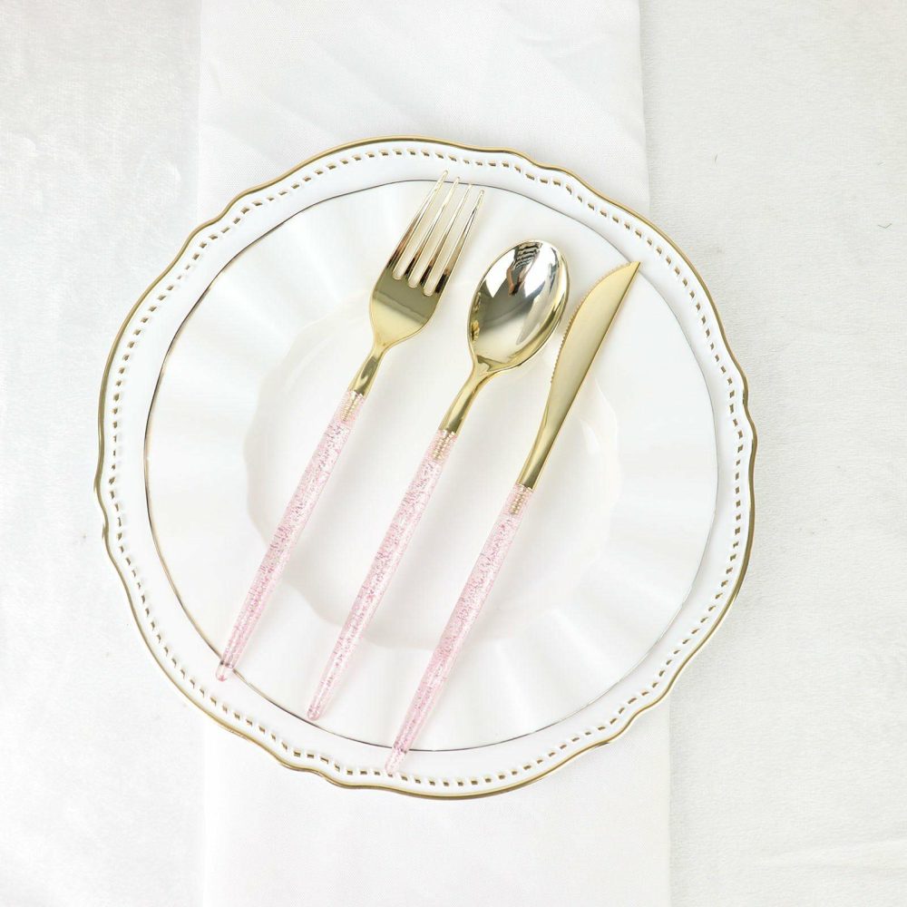 24 Pack Rose Gold Glittered Gold Plastic Cutlery Set, Disposable Silverware Pack 8″  |   Cutlery Cutlery Cutlery