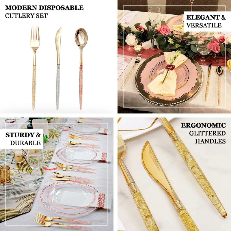 24 Pack Rose Gold Glittered Gold Plastic Cutlery Set, Disposable Silverware Pack 8″  |   Cutlery Cutlery Cutlery